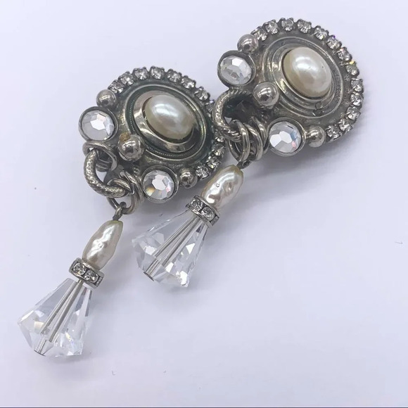 Sorrelli Vintage Crystal & Pearl Drop Clip Earrings - Picture 2 of 4